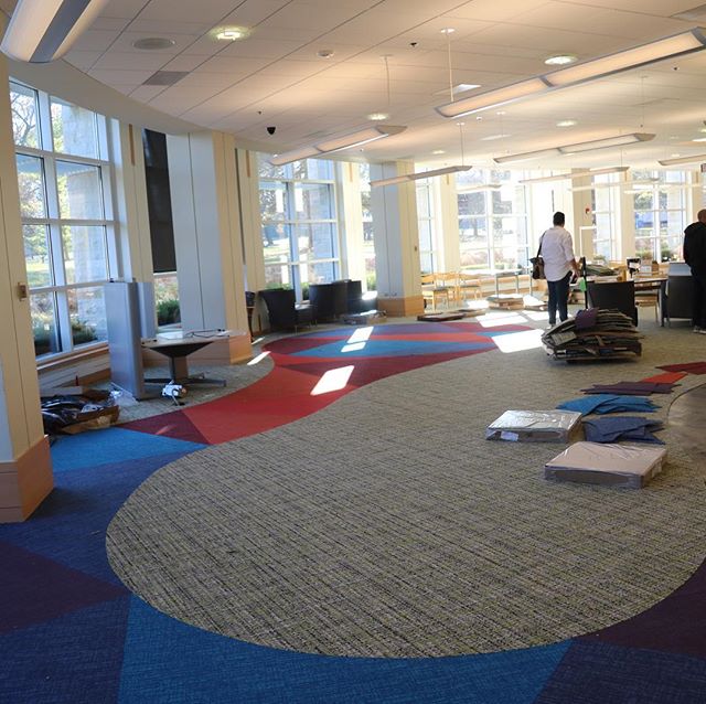 Kids’ Library renovation update: The snake is in! The curvy, colorful snake in the new carpeting is inspired by the artwork of Eric Carle and will make a path from the Kids’ Library entrance to the new Learning Garden area. More details about the Kids’ Library renovation is in the Winter issue of Fine Print. elmlib.org/fineprint #elmhurstil #library #librarylife